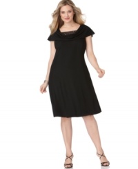 A beaded mesh inset and draped neckline distinguish this elegant plus size dress from Patra.