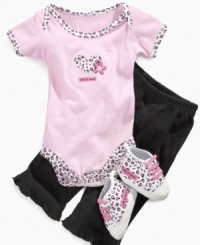 Expose her wild side with this fun bodysuit, pant and booties 3-piece set from Cutie Pie Baby.