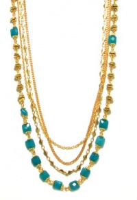 Rachel Reinhardt Kate 14k Gold Plated Long Four Strand Necklace with Blue Agate Faceted Pillow Beads