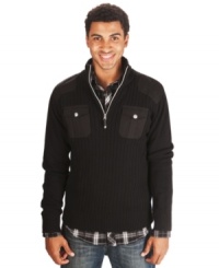 This Marc Ecko Cut & Sew sweater has a sleek zip neck design and a sleek modern fit.