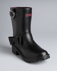 Little miss moto: These Juicy Couture rain boots tie up motorcycle styling with a black rubber bow.