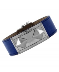 Sassy in sapphire. This leather snap bracelet from Vince Camuto has an edge to it. Featuring studs crafted from silver tone mixed metal and an ID plaque, it brings the right amount of attitude. Approximate length: 8 inches.