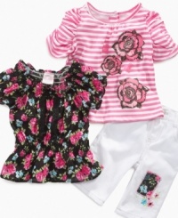 Pluck a sweet style that will never fade with this ruffle top, t-shirt and pants set from Nannette.