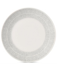 Effortlessly chic, the Simplicity dinner plate by Vera Wang Wedgwood features a minimalist shape in casual porcelain lined with neutral gray and cream.