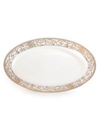 Intricate trim and scrolling vines in lavish gold make the Cru Athena oval platter a fine-dining sensation and, in dishwasher-safe bone china, a dream for after dinner as well.