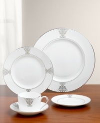 For sublime sophistication serve your guests with the Imperial Scroll medium-size platter. Reminiscent of a regal crest, the stunning scroll design is a striking contrast on white bone china. Dishwasher safe.