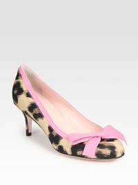 Heightened by a classic kitten heel, this leopard print pump has contrasting grosgrain ribbon trim that concludes with a bow. Self-covered heel, 2¾ (70mm)Leopard-print nylon upperLeather lining and solePadded insoleMade in Italy