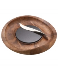 With elegant swooping edges crafted in luxurious acacia wood, this cheese tray from Nambe's collection of serveware and serving dishes mimics the grace and beauty of a butterfly in flight. The curvaceous knife features a pointed tip designed to stab and transfer cheese slices swiftly from tray to cracker.