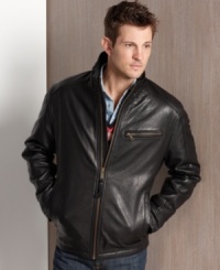 You'll exude cool, classic style in this comfortable leather bomber jacket from Marc New York.