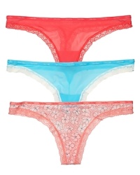 A solid or printed thong with intricate lace trim and logo stamped waistband.