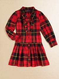 The essential shirt dress is rendered in a preppy plaid design with pretty ruffles.Club collarLong sleeves with roll-tab barrel cuffsButton-front with ruffled trimFlared hemCottonMachine washImported Please note: Number of buttons and snaps may vary depending on size ordered. 