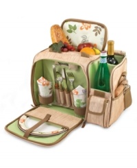 Take it outside. Fully insulated and designed to carry wine bottles, an extravagant outdoor feast and handsome service for two, the Malibu Botanica picnic basket is a must for the beach, park or ball game.