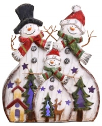 A family of three cheerful snowmen bring a touch of whimsical joy to your home during the holiday season in this delightful figurine.