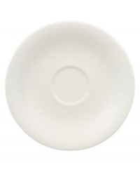 Fresh modern from Villeroy & Boch dinnerware. The dishes in this set are sheer white china in a clean round shape that inspires simply harmonious dining. A soft fluidity and radiant glaze give this after-dinner saucer quiet elegance and lasting appeal.