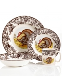 Bring the classic style of the English countryside to your table with this Woodland place setting. The majestic turkey is illustrated in great detail and framed by Spode's 1828 British flowers border in this historic dinnerware pattern.