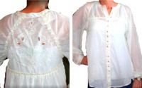 Free People Cream Linen Button Down Blouse with Cutout Embroidered Detail on Back - High Low Design, Medium