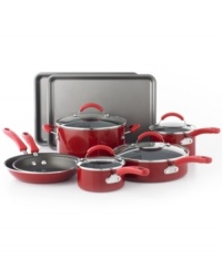 Good help is easy to find with this fully-stocked set in your kitchen. Crafted from porcelain enamel in a rich red hue, this cookware collection combines a heavy-gauge aluminum construction for efficient, even heating with durable, reinforced nonstick interiors that prompt effortless food release & hassle-free cleanup. Plus, with two cooking pans thrown in, this collection makes dessert a nightly tradition!