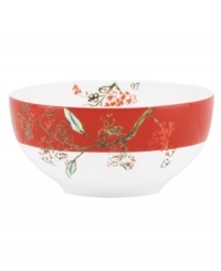 Make any meal sing with the irresistible watercolor scenes and new scarlet accents of Chirp dinnerware from Lenox Simply Fine. Fanciful birds and blooms play up bone china dessert bowls designed to transition flawlessly from oven to table.