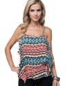 MOD 20 Women's Tribal Print Ruffle Tank Aqua S(T1090C)