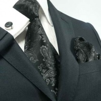 Landisun 541 Black Paisleys Mens Silk Tie Set: Tie+Hanky+Cufflinks Exclusive