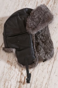 Leather Aviator Hat with Rabbit Fur Trim, BLACK/GREY, Size SMALL (6 3/4 - 7)