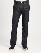 Designed to provide more comfort with a slimmer look, this straight-leg fit is roomier throughout the leg, creating a wider front leg panel and finished in iconic raw indigo selvedge denim.Five-pocket styleInseam, about 34CottonMachine washMade in USA