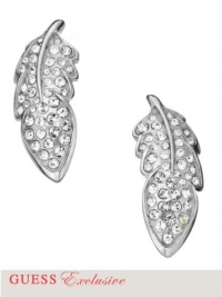 GUESS Women's Silver-Tone Pave Feather Post Earrings, SILVER