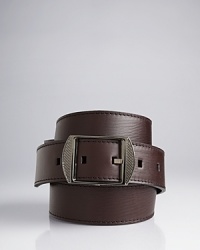 The one great accessory every man should invest in? A well made belt. This leather Burberry belt features etched detailing and an engraved logo for unmistakable Burberry style.