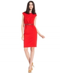 From the office to a dinner date, this petite ponte dress from Calvin Klein does overtime with a stylish belted silhouette and commanding color.