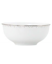 Forecast modern whimsy at meal time with the Silver Mist all-purpose bowl from Lenox Lifestyle dinnerware. The dishes of this collection feature shimmering droplets that trickle in from the platinum-banded edge of bright white bone china. (Clearance)