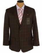 Tasso Elba Mens 2 Button Brown Windowpane Silk Wool Sport Coat Jacket