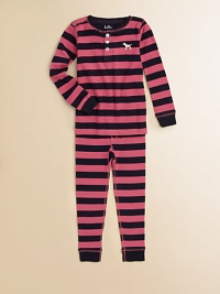 Sweet and chic rugby stripes make cozy bedtime companions in soft cotton knit with contrast stitching.Henley necklineButton placketDog chest appliquéLong sleeves with contrast ribbed cuffsElastic-waist bottoms with contrast ribbed cuffsCottonMachine washImported