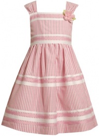 Size-5, Pink, BNJ-7656R, Pink and White Striped Linen Dress,Bonnie Jean Little Girls Special Occasion Flower Girl Easter Party Dress