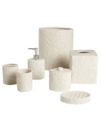 Simply elegant. Martha Stewart Collection's Lisbon Floral soap and lotion dispenser features a neutral, tone-on-tone embossed floral design. Finished in sturdy earthenware.