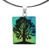 Sterling Silver Dichroic Glass Multi-Color Tree of Life Pattern Rectangular Pendant Necklace on Stainless Steel Wire, 18