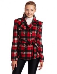 Southpole Juniors Belted Plaid Trench Coat