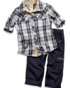 GUESS Kids Baby Boy Roll-Up Sleeve Shirt and Pants , PLAID (24M)