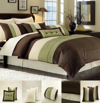 8 Pc Modern Green / Brown /Beige Comforter Set / Bed in Bag - Full Size Bedding w/Euro Shams