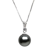 Sterling Silver 12mm Black Mother Of Pearl Pendant W/CZ and 18 Silver Chain