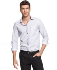 A contrast check pattern on the placket paired with sleek slim fit give this Kenneth Cole New York button down its daper personality.