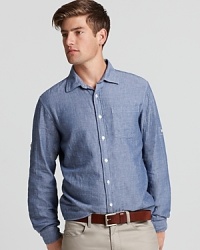 Soft chambray crafted into a classic fit Michael Kors shirt, featuring roll and tab sleeves.