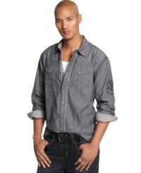 This season it's all about chambray. Get into this trend in sleek style with this button down by Marc Ecko Cut & Sew. (Clearance)