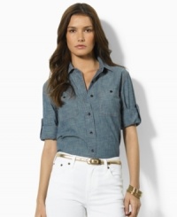 This crisp cotton shirt crafted for an exquisitely tailored fit features convertible sleeves, from Lauren Jeans Co.