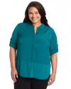 DKNYC Women's Plus-Size Long Sleeve Roll Tab Button Thru Blouse with Chiffon Hem