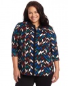 DKNYC Women's Plus-Size Long Sleeve Button Thru Blouse with Solid Placket