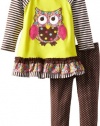 Rare Editions Baby-Girls Infant Lime Brown Stripe Owl Applique Leggings set, 12 Months