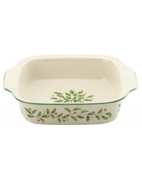 Bake in the merry. Combining ultra-durable stoneware with the beloved Lenox Holiday motif, this large square baker extends cheer from the oven to your table. Perfect for candied yams, stuffing or apple crumble!