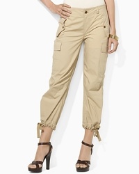 A modern twist on a rugged pant, this chic cargo version boasts a cropped silhouette with drawstrings at the hem for an elegant ruched effect.