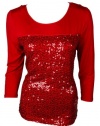 Calvin Klein Womens Rouge Sequin Rayon Blend 3/4 Sleeve Scoopneck Top XS