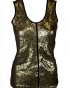 Calvin Klein Womens Camel Sequin Front Black Knit Back Scoop Tank Top M